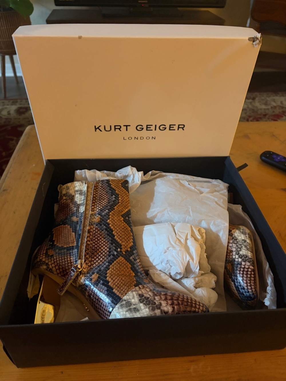 Kurt Geiger Brown and Black Snakeskin Ankle Boots with Gold Heel